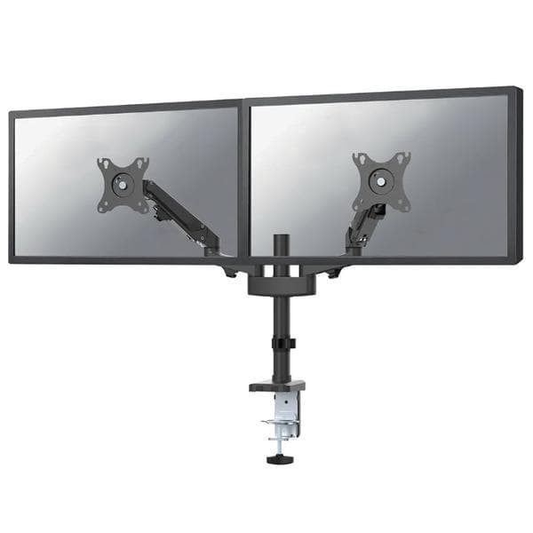 Brat de birou pentru monitor Neomounts, poate sustine 2 monitoare cu diagonala display 17-27", suporta pana la 14kg per monitor, full motion, +45°, -45° inclinatie, +90°, -90° swivel, +180°, -180° rotatie,  VESA min 75x75, VESA max 100x100, reglabil pe inaltime: 7,3-48,1 cm, negru. Garantie 5 ani
