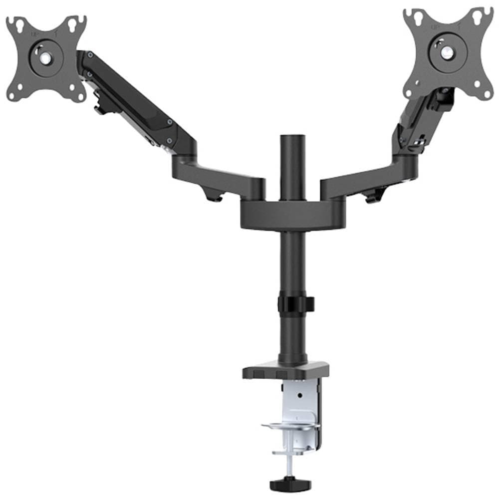 Brat de birou pentru monitor Neomounts, poate sustine 2 monitoare cu diagonala display 17-27", suporta pana la 14kg per monitor, full motion, +45°, -45° inclinatie, +90°, -90° swivel, +180°, -180° rotatie,  VESA min 75x75, VESA max 100x100, reglabil pe inaltime: 7,3-48,1 cm, negru. Garantie 5 ani