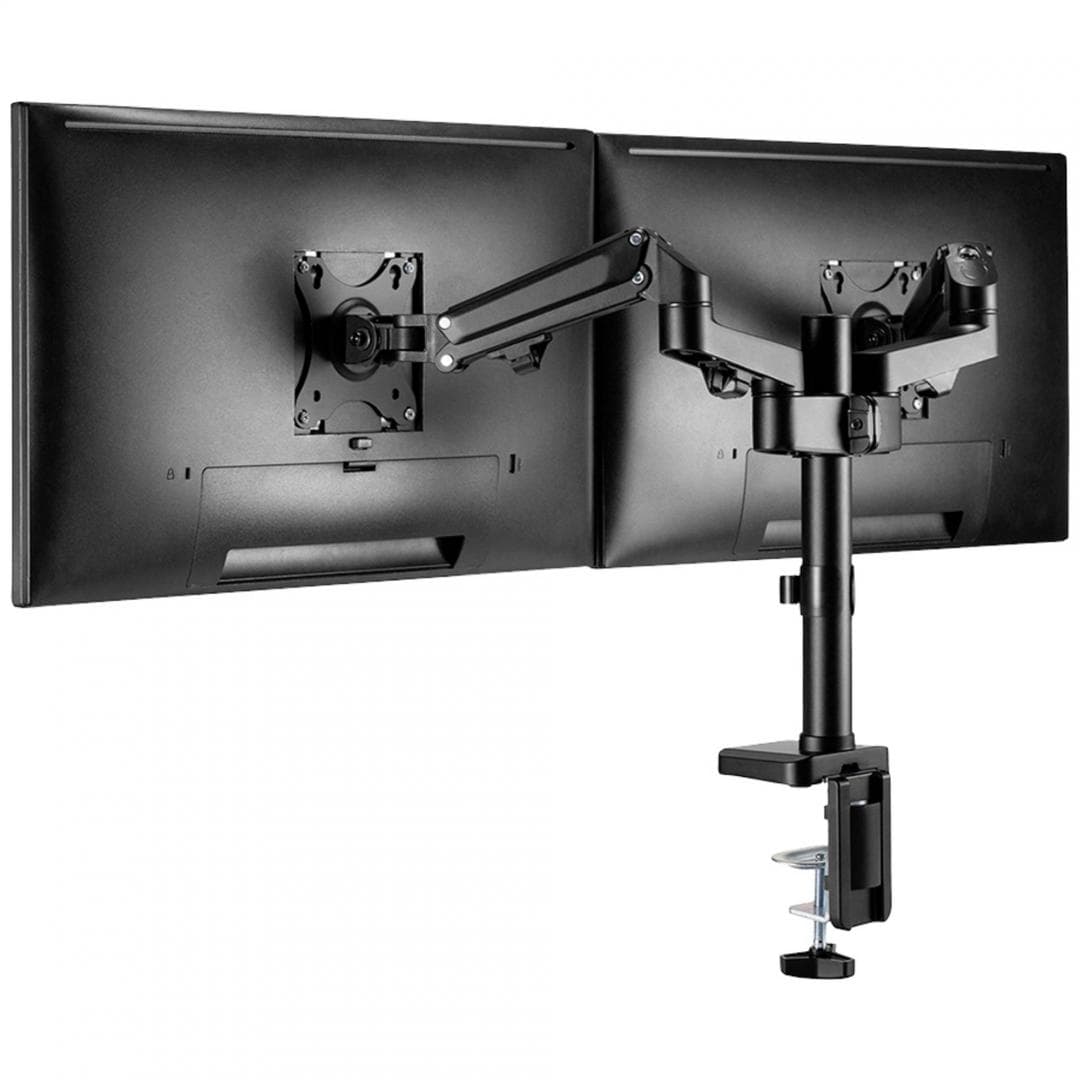Brat de birou pentru monitor Neomounts, poate sustine 2 monitoare cu diagonala display 17-27", suporta pana la 14kg per monitor, full motion, +45°, -45° inclinatie, +90°, -90° swivel, +180°, -180° rotatie,  VESA min 75x75, VESA max 100x100, reglabil pe inaltime: 7,3-48,1 cm, negru. Garantie 5 ani