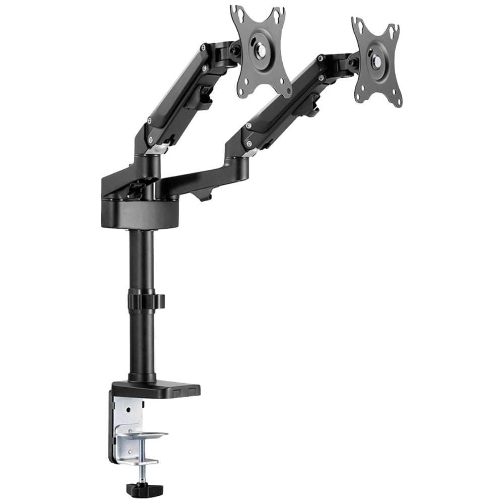 Brat de birou pentru monitor Neomounts, poate sustine 2 monitoare cu diagonala display 17-27", suporta pana la 14kg per monitor, full motion, +45°, -45° inclinatie, +90°, -90° swivel, +180°, -180° rotatie,  VESA min 75x75, VESA max 100x100, reglabil pe inaltime: 7,3-48,1 cm, negru. Garantie 5 ani