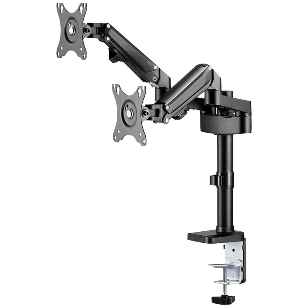 Brat de birou pentru monitor Neomounts, poate sustine 2 monitoare cu diagonala display 17-27", suporta pana la 14kg per monitor, full motion, +45°, -45° inclinatie, +90°, -90° swivel, +180°, -180° rotatie,  VESA min 75x75, VESA max 100x100, reglabil pe inaltime: 7,3-48,1 cm, negru. Garantie 5 ani