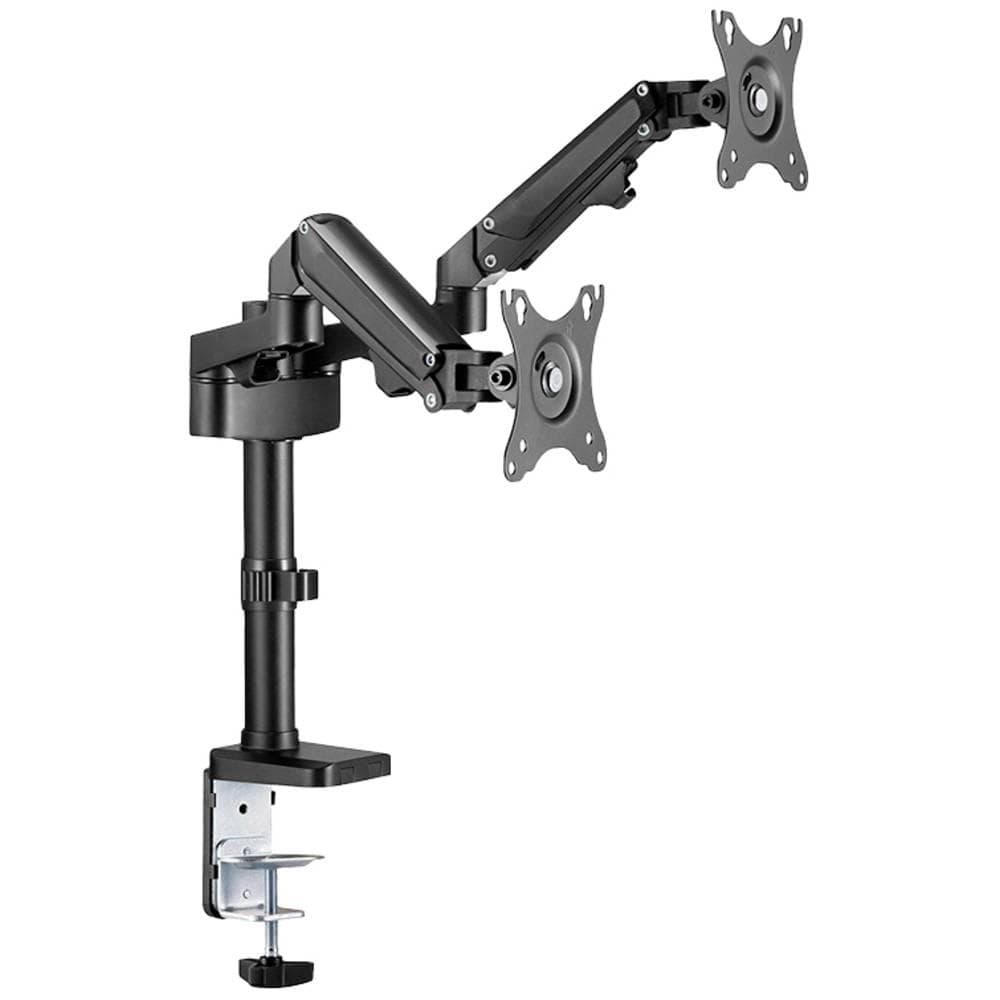 Brat de birou pentru monitor Neomounts, poate sustine 2 monitoare cu diagonala display 17-27", suporta pana la 14kg per monitor, full motion, +45°, -45° inclinatie, +90°, -90° swivel, +180°, -180° rotatie,  VESA min 75x75, VESA max 100x100, reglabil pe inaltime: 7,3-48,1 cm, negru. Garantie 5 ani