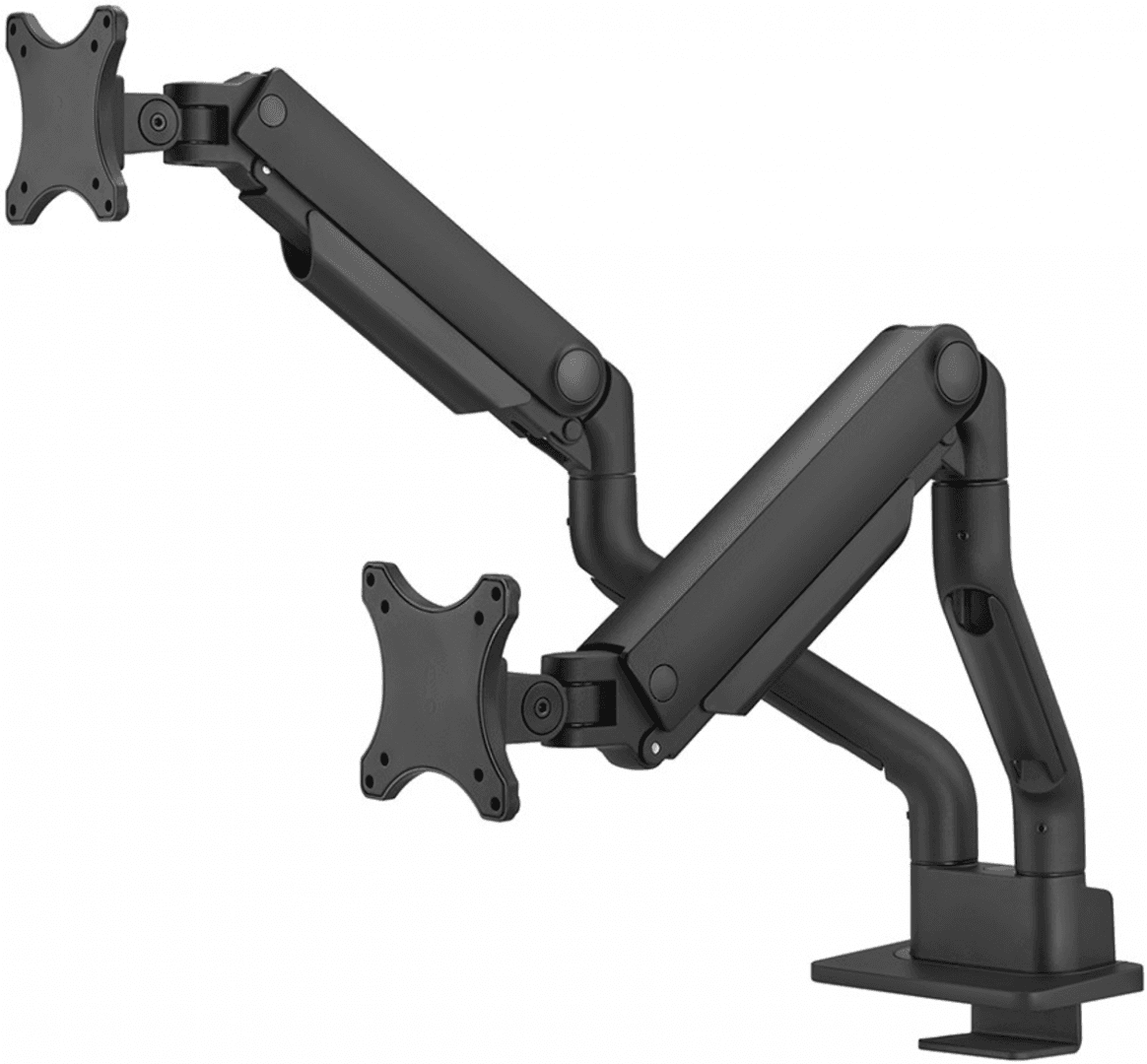Brat dublu pentru monitor Neomounts, tip full motion, pentru display-uri cu diagonale 17"-35", sistem de prindere VESA 75x75~100x100mm, greutate maxima suportata 18kg per ecran, tilt +90°, -90°, swivel +90°, -90°, rotate +180°, -180°, reglabil pe inaltime 20,2-52,2 cm, ajustarea latimii 115.9 cm