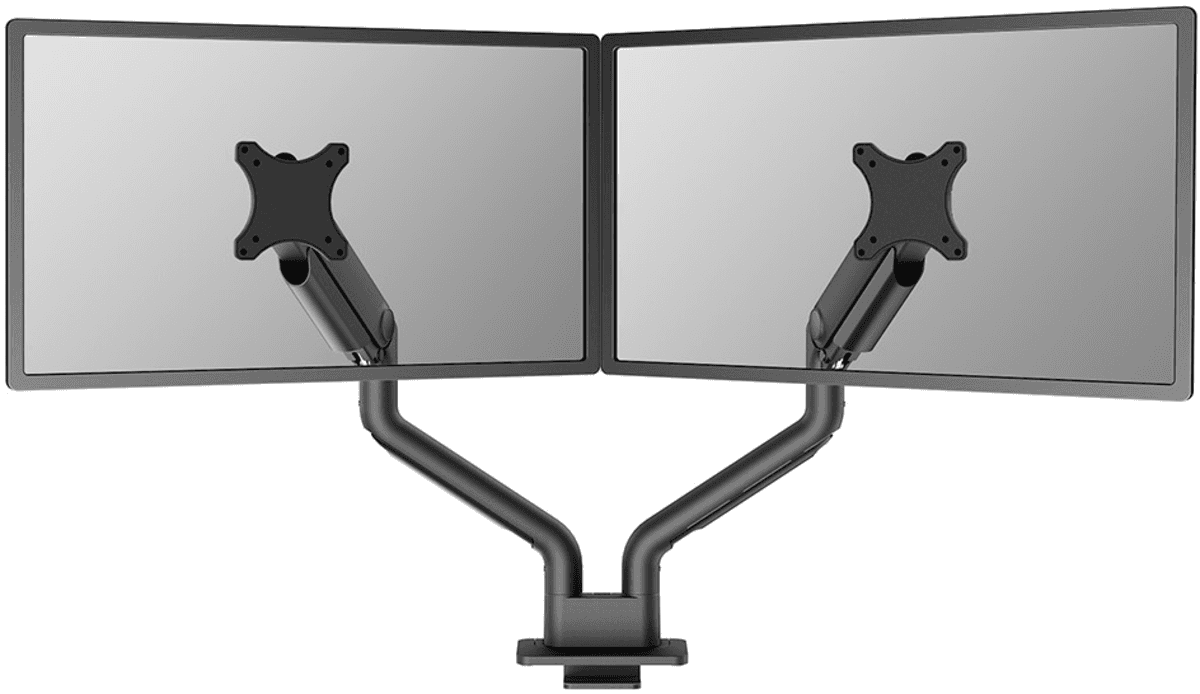 Brat dublu pentru monitor Neomounts, tip full motion, pentru display-uri cu diagonale 17"-35", sistem de prindere VESA 75x75~100x100mm, greutate maxima suportata 18kg per ecran, tilt +90°, -90°, swivel +90°, -90°, rotate +180°, -180°, reglabil pe inaltime 20,2-52,2 cm, ajustarea latimii 115.9 cm