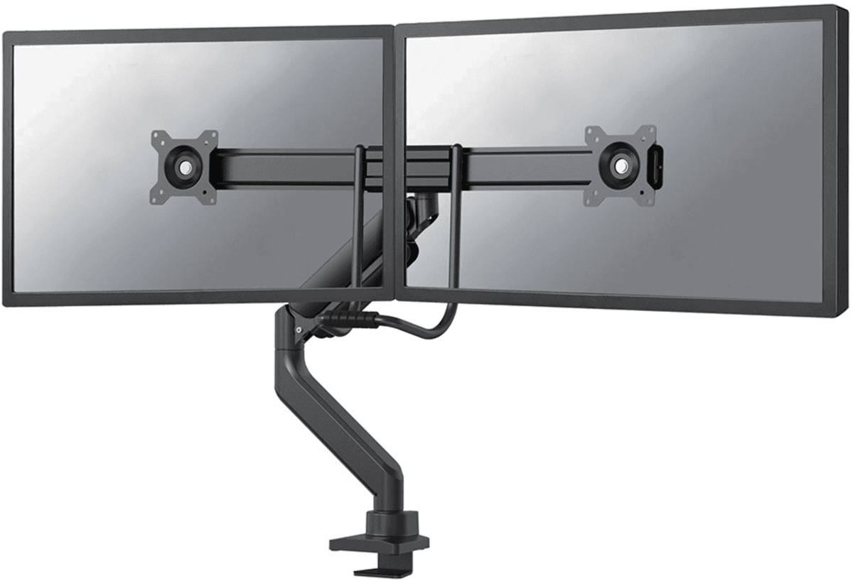 Brat dublu pentru monitor Neomounts, tip full motion, pentru display-uri cu diagonale 17"-32", sistem de prindere VESA 75x75~100x100mm, greutate maxima suportata 8kg per ecran, tilt  +10°, -10°, swivel +90°, -90°, rotate +180°, -180°, reglabil pe inaltime 28cm, ajustarea latimii 54cm, ajustarea