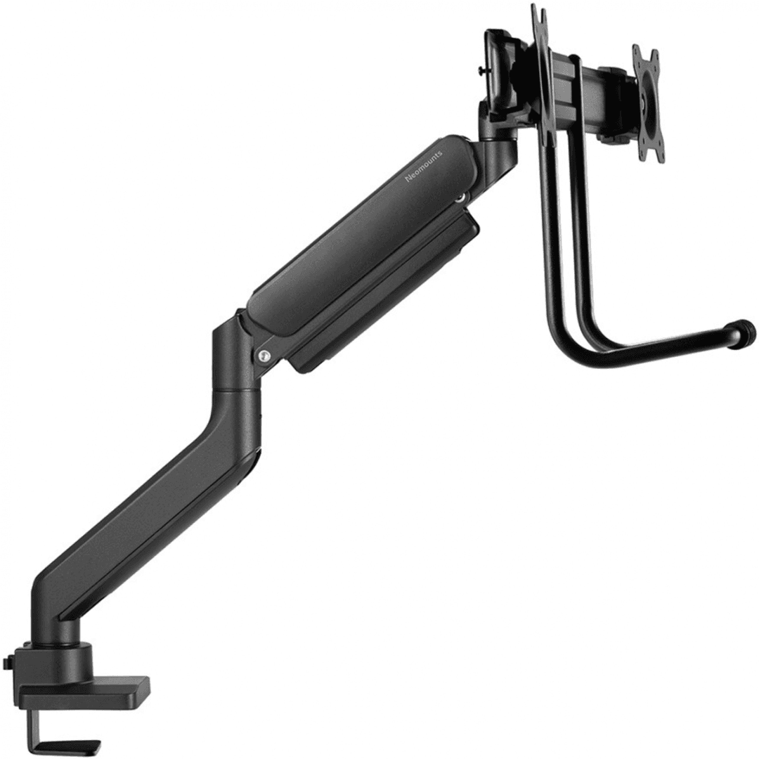 Brat dublu pentru monitor Neomounts, tip full motion, pentru display-uri cu diagonale 17"-32", sistem de prindere VESA 75x75~100x100mm, greutate maxima suportata 8kg per ecran, tilt  +10°, -10°, swivel +90°, -90°, rotate +180°, -180°, reglabil pe inaltime 28cm, ajustarea latimii 54cm, ajustarea