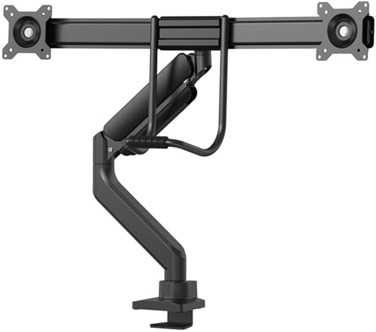 Brat dublu pentru monitor Neomounts, tip full motion, pentru display-uri cu diagonale 17"-32", sistem de prindere VESA 75x75~100x100mm, greutate maxima suportata 8kg per ecran, tilt  +10°, -10°, swivel +90°, -90°, rotate +180°, -180°, reglabil pe inaltime 28cm, ajustarea latimii 54cm, ajustarea