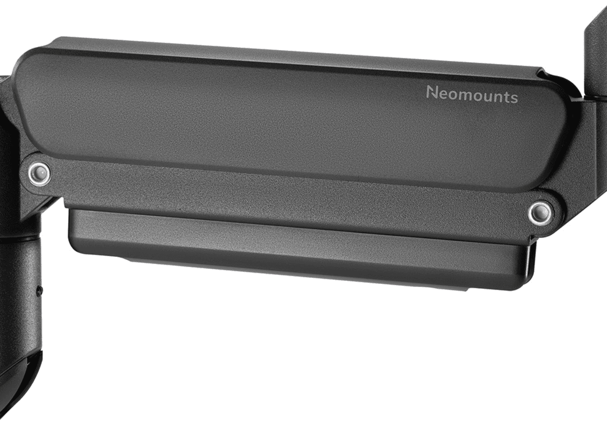 Brat dublu pentru monitor Neomounts, tip full motion, pentru display-uri cu diagonale 17"-32", sistem de prindere VESA 75x75~100x100mm, greutate maxima suportata 8kg per ecran, tilt  +10°, -10°, swivel +90°, -90°, rotate +180°, -180°, reglabil pe inaltime 28cm, ajustarea latimii 54cm, ajustarea