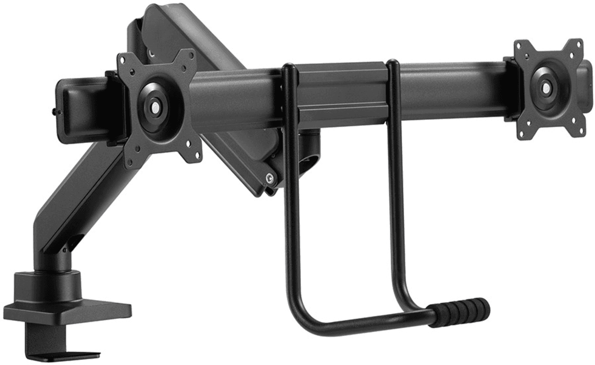 Brat dublu pentru monitor Neomounts, tip full motion, pentru display-uri cu diagonale 17"-32", sistem de prindere VESA 75x75~100x100mm, greutate maxima suportata 8kg per ecran, tilt  +10°, -10°, swivel +90°, -90°, rotate +180°, -180°, reglabil pe inaltime 28cm, ajustarea latimii 54cm, ajustarea