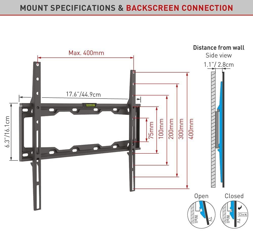 Suport TV de perete, Barkan E302+.B, Fix, 19"- 65", VESA 400 x 400 mm, suporta pana la 50kg, negru