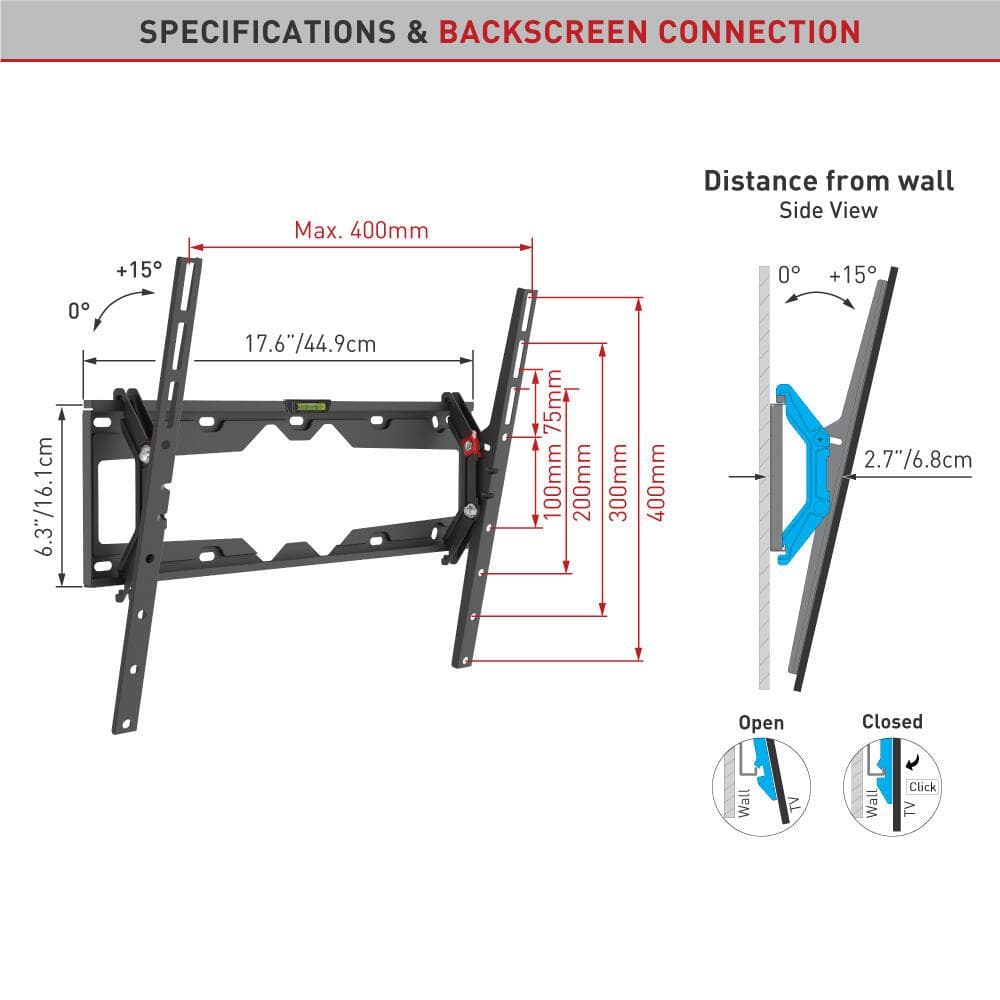 Suport TV de perete Barkan, pentru ecrane de pana la 13" - 65", greutate maxima suportata 36kg, distanta fata de perete 80mm - 205mm, VESA max. 400x400 mm, negru
