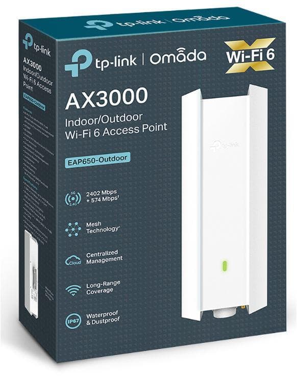 Wireless Access Point TP-Link EAP650-Outdoor, AX3000 Wireless Dual Band Indoor/Outdoor Access Point, 802.3at PoE, STANDARDE WIRELESS: IEEE 802.11ax/ac/n/g/b/a, interfata: 1× Port Ethernet (RJ-45) Gigabit (Suportă PoE 802.3at și Passive PoE), weather proof: IP67, Dimensiuni: 280.4×106.5×56.8 mm.
