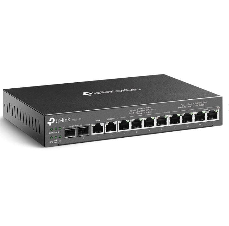 "Omada Gigabit VPN Router with PoE+ Ports and Controller Ability PORT: 2× Gigabit SFP WAN/LAN Port, 1× Gigabit RJ45 WAN Port, 1× Gigabit RJ45 WAN/LAN Ports, 8× Gigabit RJ45 LAN ports SPEC: 802.3at/af, 8 Ports with 110 W PoE Power, Desktop & Wall-mount Steel Case FEATURE: 3-in-1 (Router, PoE+ Switch
