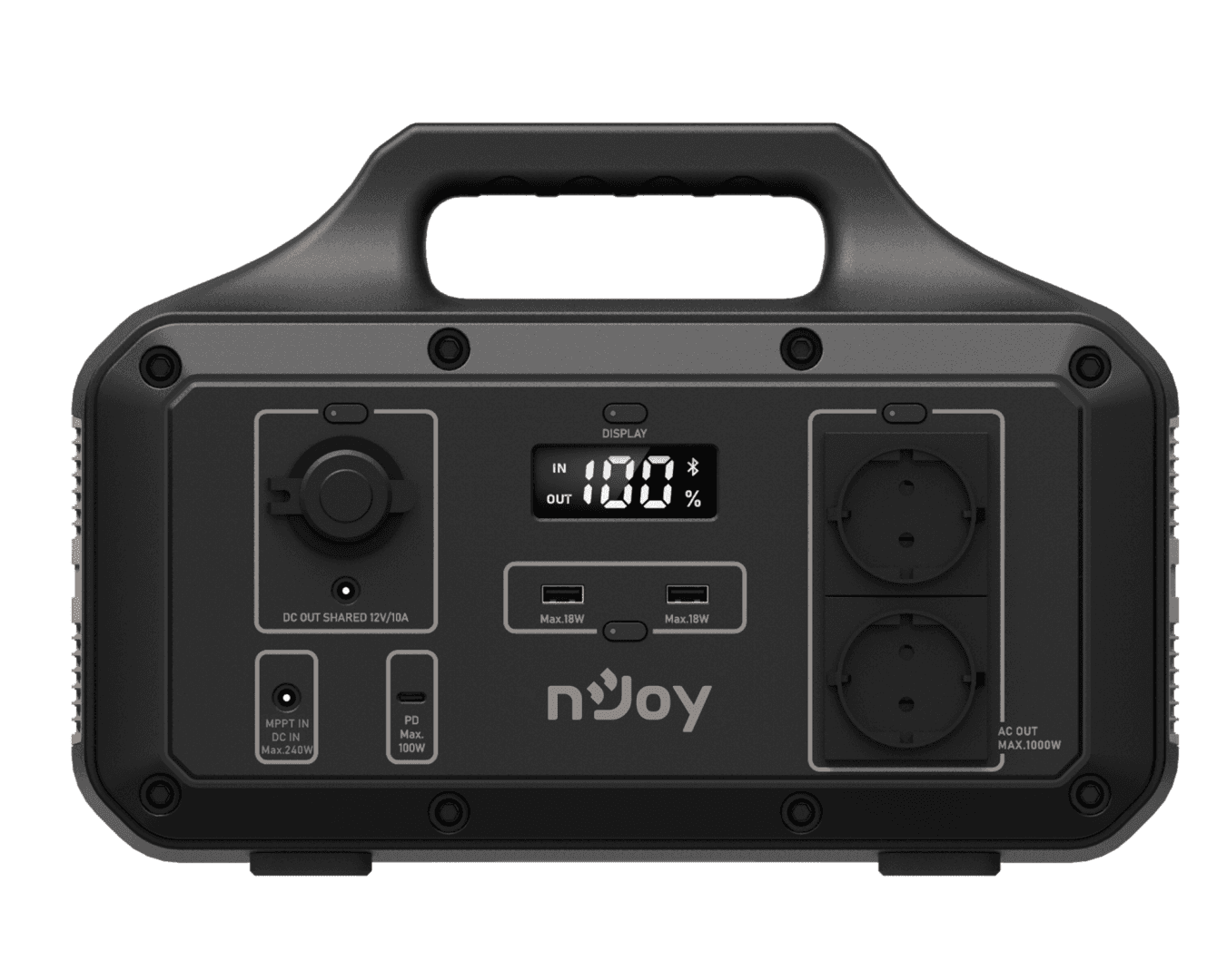 Statie portabila pentru exterior NJOY POWER BASE 600, adaptor AC (240 W max), panou solar MPPT 12V-32V (240 W max), adaptor auto DC 12V Car (120 W max), 2x USB TYPE A (18 W max), 1x USB TYPE C (100 W max), DC 5525 12V (120 W max), Priza auto 12V (120 W max), 2x AC Schuko 230V (600W max), 1000+