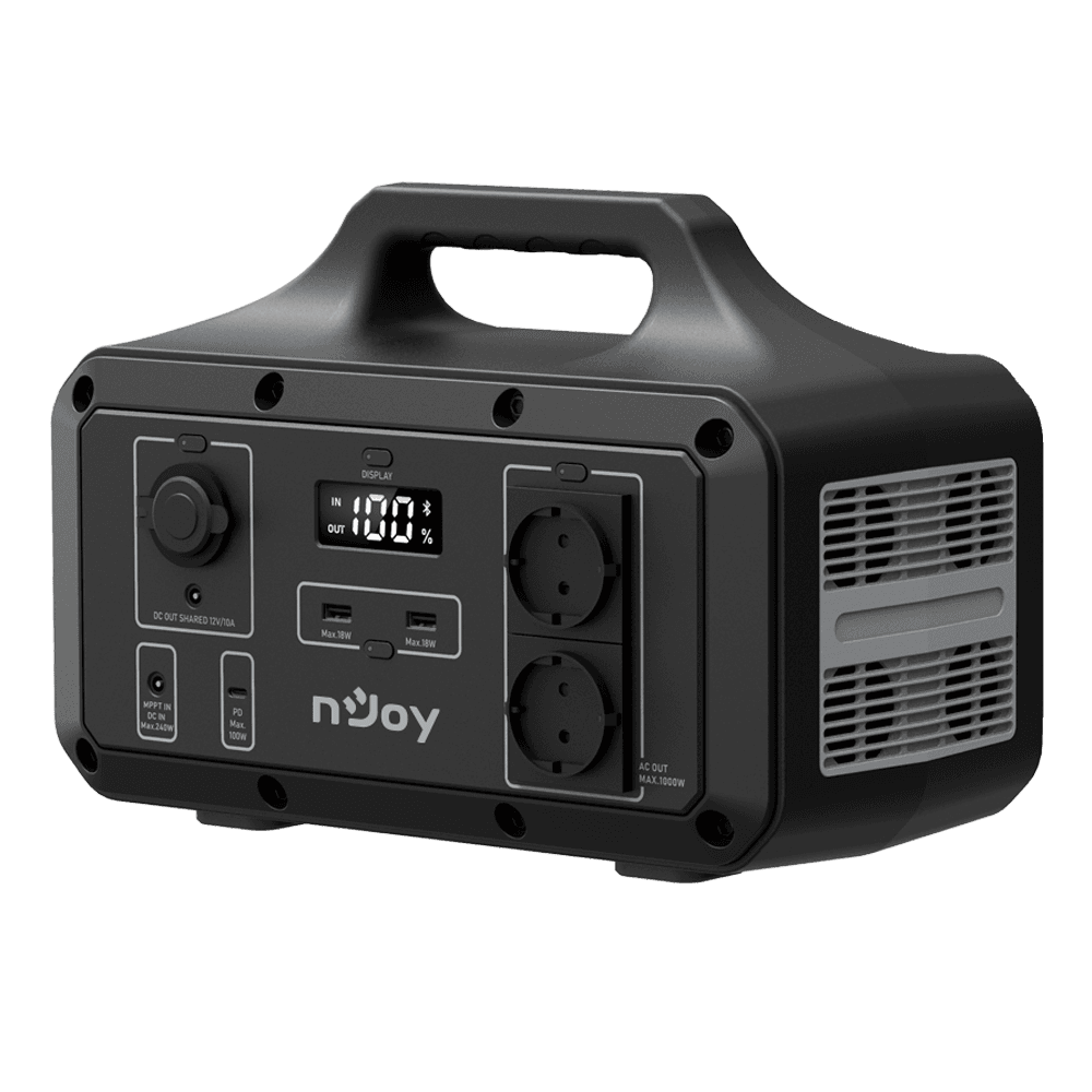 Statie portabila pentru exterior NJOY POWER BASE 600, adaptor AC (240 W max), panou solar MPPT 12V-32V (240 W max), adaptor auto DC 12V Car (120 W max), 2x USB TYPE A (18 W max), 1x USB TYPE C (100 W max), DC 5525 12V (120 W max), Priza auto 12V (120 W max), 2x AC Schuko 230V (600W max), 1000+