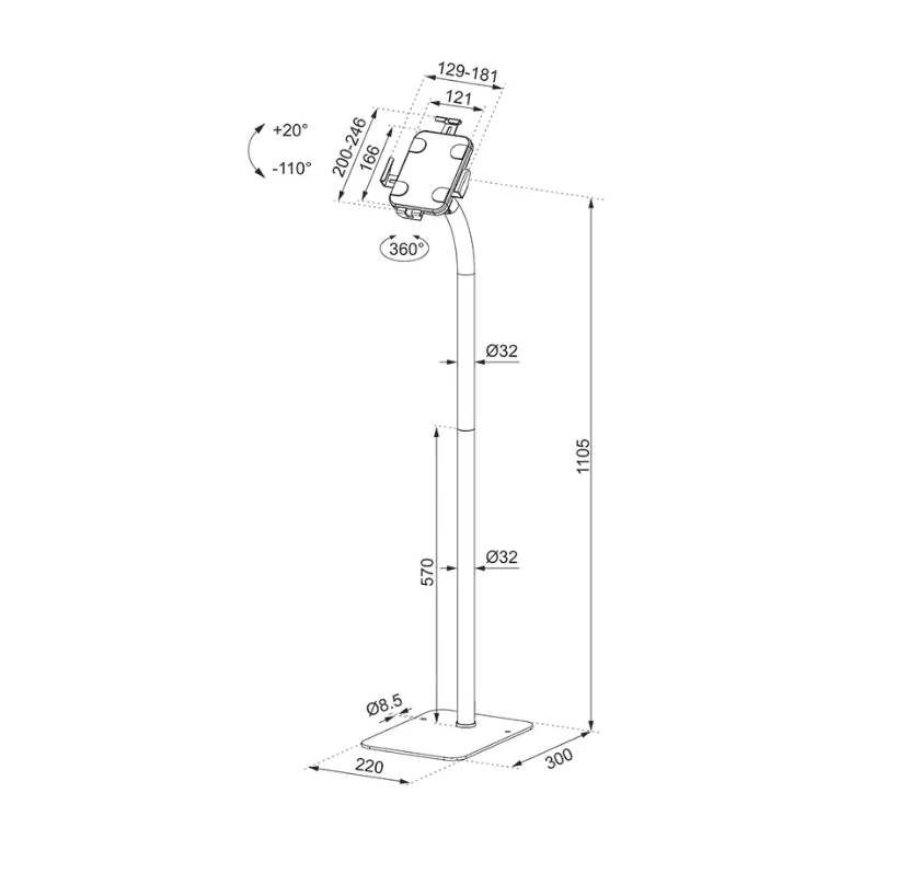 Neomounts by Newstar FL15-625BL1 tablet floor stand  General Min. screen size* : 7,9 inch Max. screen size* : 11 inch Max. weight : 1 kg Screens : 1  Functionality Type : Tilt, Rotate  Tilt (degrees) : +20°, -110°  Rotate (degrees) : 360°  Height : 123,8 cm  Width : 22 cm  Adjustment type : Manual