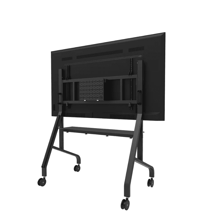 Stand podea mobil/fix Neomounts FL50-575BL1; pentru display-uri cu diagonale 65"-110", sistem de prindere VESA 100x100~1100x600, greutate maxima suportata 125kg, fix, inaltime reglabila manual 1290-1360mm (4 presetari); polita AV max load 10kg, rack AV, management cabluri, 2 stalpi; pre-asamblat