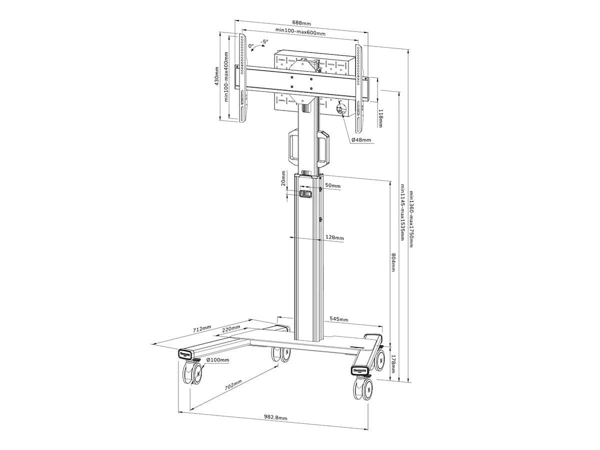 Stand podea mobil Neomounts 37"-75", VESA 100x100~600x400, 70kg, fix, inaltime reglabila, alb