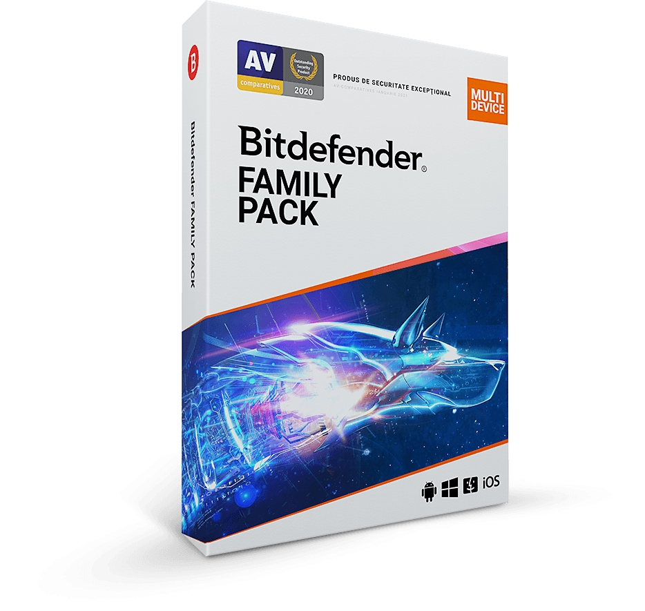 Licenta retail Bitdefender Family Pack - protectie anti-malwarecompleta pentru toata familia, disponibila pentru Windows, macOS, iOS si Android, valabila pentru 1 an, 15 dispozitive, new.
