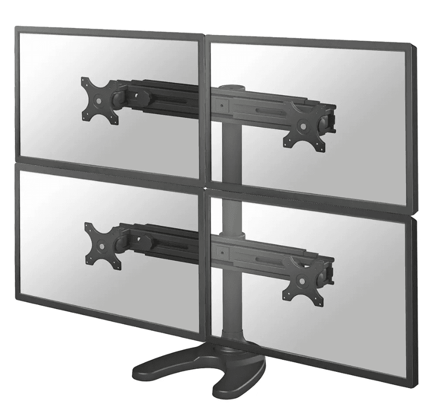 Suport cvadruplu monitor de birou Neomounts FPMA-D700DD4; pentru display-uri cu diagonale 19"-30", sistem de prindere VESA 75x75~100x100, greutate maxima suportata 8kg - per ecran, full motion, tilt +180°, swivel +180°, rotate +360°; inaltime reglabila manual 240-700mm; culoare negru. Garantie 5 ani
