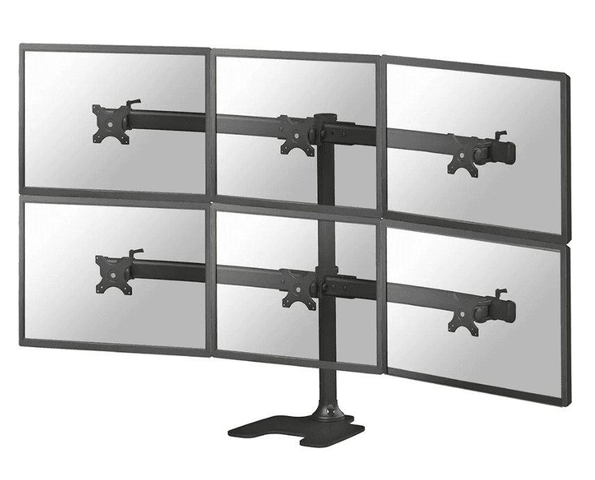 Suport 6 monitoare de birou Neomounts FPMA-D700DD6; pentru display-uri cu diagonale 10"-27", sistem de prindere VESA 100x100~100x100, greutate maxima suportata 8 - per ecrankg, full motion, tilt +180°, swivel +180°, rotate +360°; inaltime reglabila manual 320-888mm; culoare negru. Garantie 5 ani