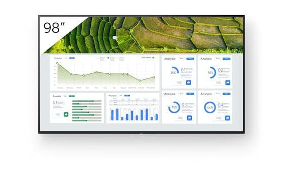 Monitor signage Sony BZ30L, 98", 440nit, 24/7, UHD, panel VA, D-LED, 15.9ms, contrast static 6000:1, contrast dinamic 300000:1, mătuire 2%, Android 10, stocare 16GB. Miracast, Chromecast built-in, AirPlay, Apple HomeKit, Google Play Store. Conectivitate: WiFi (2.4GHz, 5GHz), BT 4.2, 1xComposit