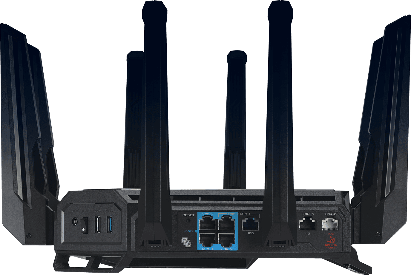 Router Asus Quad-Band ROG Rapture GT-BE98, WIFI-7, Standarde wireless: WiFi 6 (802.11ax), WiFi 7 (802.11be), IEEE 802.11a, IEEE 802.11b, IEEE 802.11g, IEEE 802.11n, IEEE 802.11ac, IPv4, IPv6, Segment Produs: BE25000, Viteza wireless: 1376+5764+5764+11529 Mbps, 8 x antene externe, Procesor: 2.6GHz