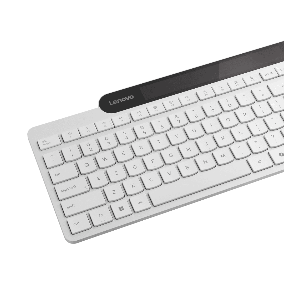 Tastatura Lenovo 800 Self-Charging Bluetooth; reincarcabila cu ajutorul luminii ambientale, fara spatiu destinat bateriilor clasice; layout: US; conectivitate: BT 5.1, se poate conecta la 3 dispozitive; greutate: 635g; compatibil cu Windows 10, Windows 11; culoare: alb