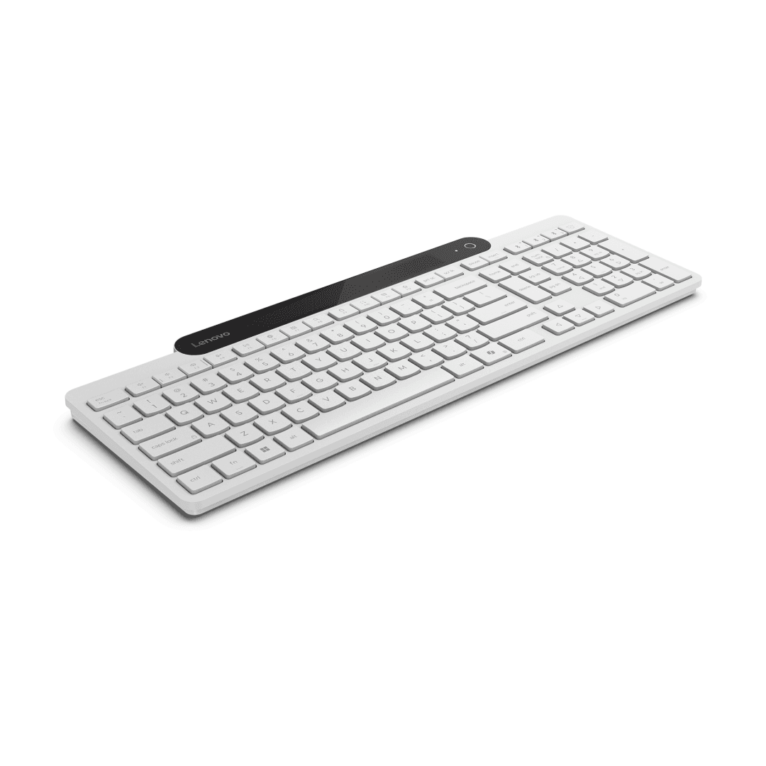 Tastatura Lenovo 800 Self-Charging Bluetooth; reincarcabila cu ajutorul luminii ambientale, fara spatiu destinat bateriilor clasice; layout: US; conectivitate: BT 5.1, se poate conecta la 3 dispozitive; greutate: 635g; compatibil cu Windows 10, Windows 11; culoare: alb