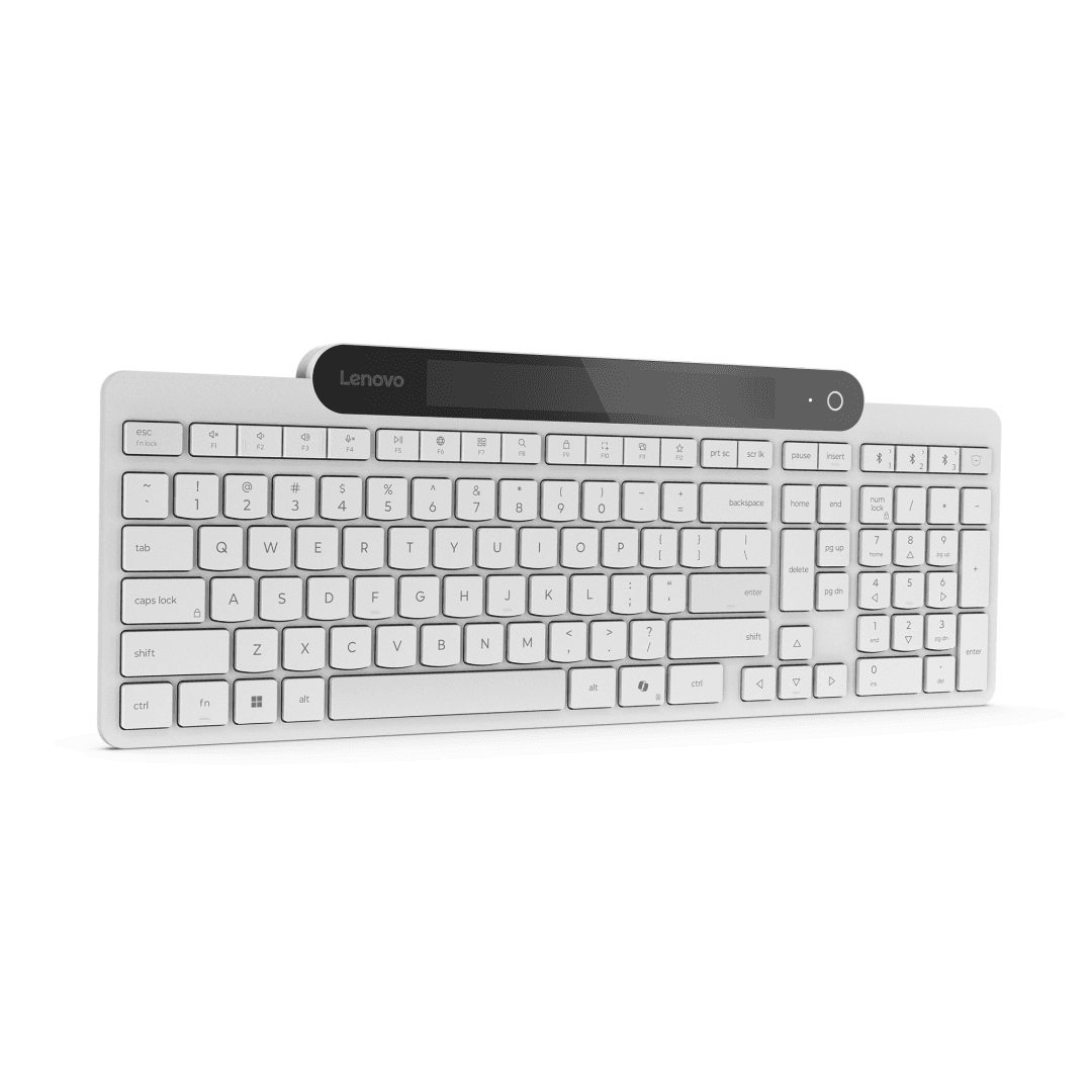 Tastatura Lenovo 800 Self-Charging Bluetooth; reincarcabila cu ajutorul luminii ambientale, fara spatiu destinat bateriilor clasice; layout: US; conectivitate: BT 5.1, se poate conecta la 3 dispozitive; greutate: 635g; compatibil cu Windows 10, Windows 11; culoare: alb