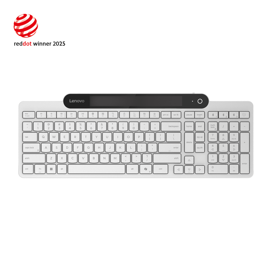 Tastatura Lenovo 800 Self-Charging Bluetooth; reincarcabila cu ajutorul luminii ambientale, fara spatiu destinat bateriilor clasice; layout: US; conectivitate: BT 5.1, se poate conecta la 3 dispozitive; greutate: 635g; compatibil cu Windows 10, Windows 11; culoare: alb