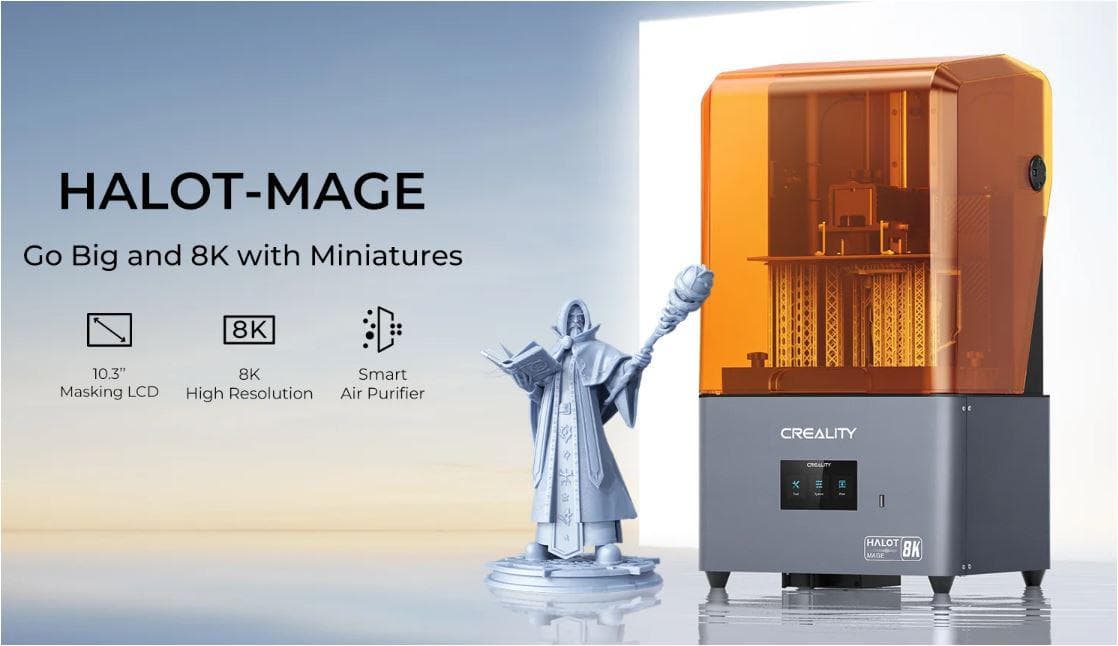 Imprimanta 3D Creality Halot-MAGE cu rasina, Tehnologie SLA, Stereolitografie, sursa 100W, dimensiuni printare: 228*128*230mm, Dimensiuni imprimanta: 333*270*608mm, Viteza:1-5s/strat, Inaltime strat:0.05-0.15mm, LCD 10.3", rezolutie: 8K(7680x4320), transfer fisier: USB drive, rasina:405nm, Software