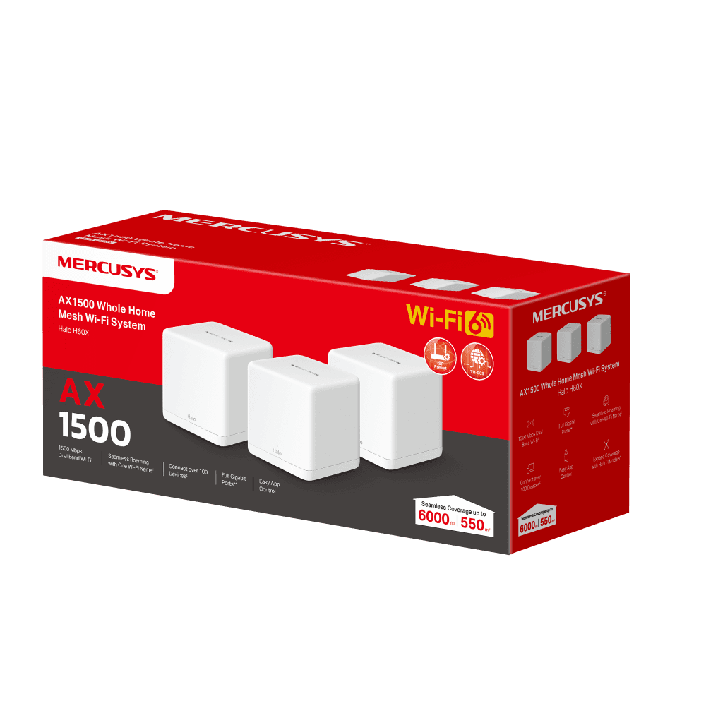 Mercusys Halo H60X(3-pack) Whole mesh Wi-Fi6 system, AX1500, Dual-band, Standarde wireless: IEEE 802.11ax/ac/n/a 5 GHz, IEEE 802.11n/b/g 2.4 GHz, Viteza wireless: 1201 Mbps on 5 GHz, 300 Mbps on 2.4 GHz, Dimensiuni:88 × 88 × 88 mm, Interfata: 3 x 10/100/1000LAN/WAN, Pachetul contine 1 x Halo H60XR