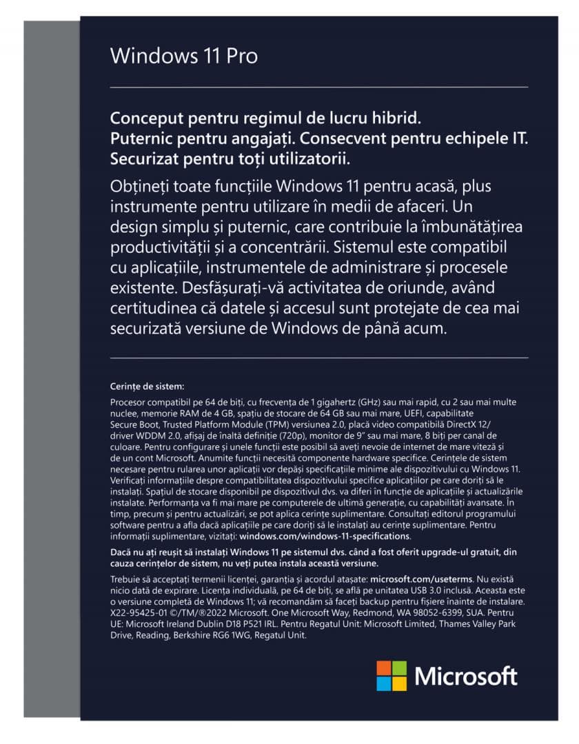 Licenta retail Microsoft Windows 11 Pro 32-bit/64-bit English USB P2