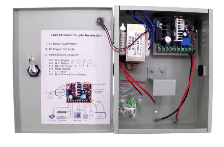 SURSA ALIMENTARE  5A CARCASA METAL Input voltage: 220V AC~240V AC; 50~60Hz Output voltage: 11V DC-14V DC 5A Output contact: locking, access control, exit button Backup battery: Support 12V/7AH (not included)