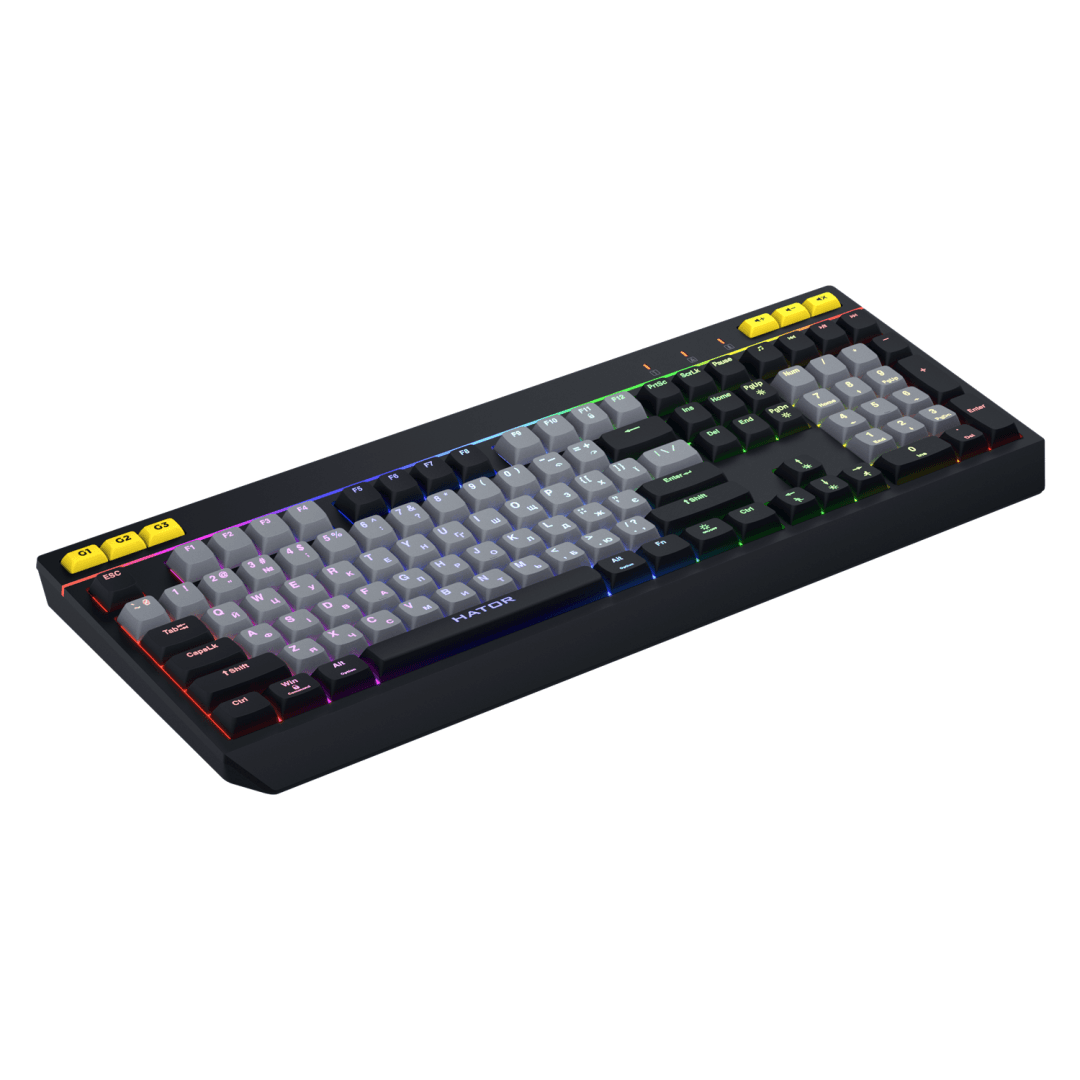 Tastatura cu fir Hator Icefall, membrana, conectivitate USB, polling rate 1000Hz, iluminare RGB pentru 8 zone diferite, tip switch membrana, material taste ABS cu gravare laser si acoperire UV, alb-negru