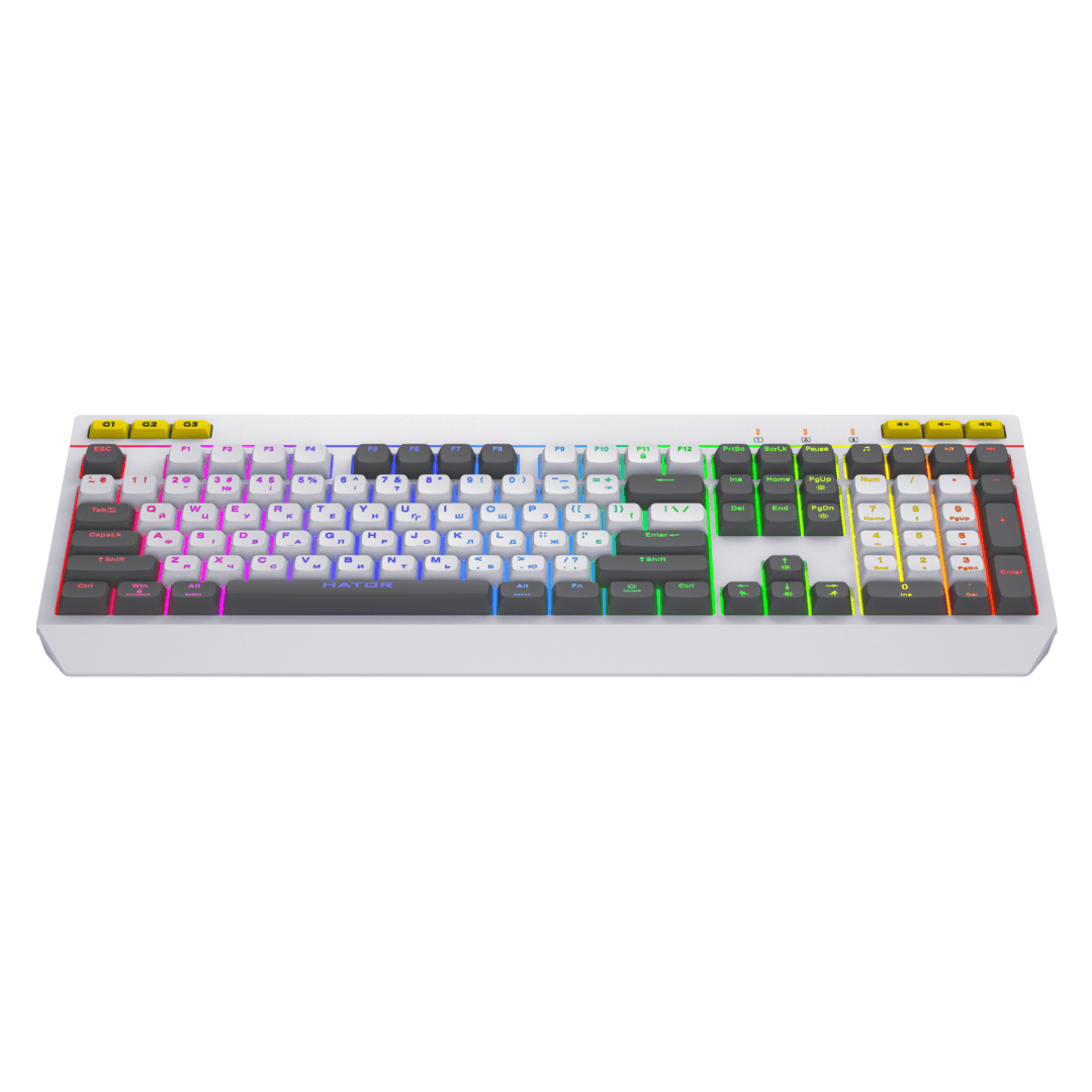 Tastatura membrana cu fir Hator Icefall, conectivitate USB, polling rate 1000Hz, iluminare RGB pentru 8 zone diferite, tip switch membrana, material taste ABS cu gravare laser si acoperire UV, alb