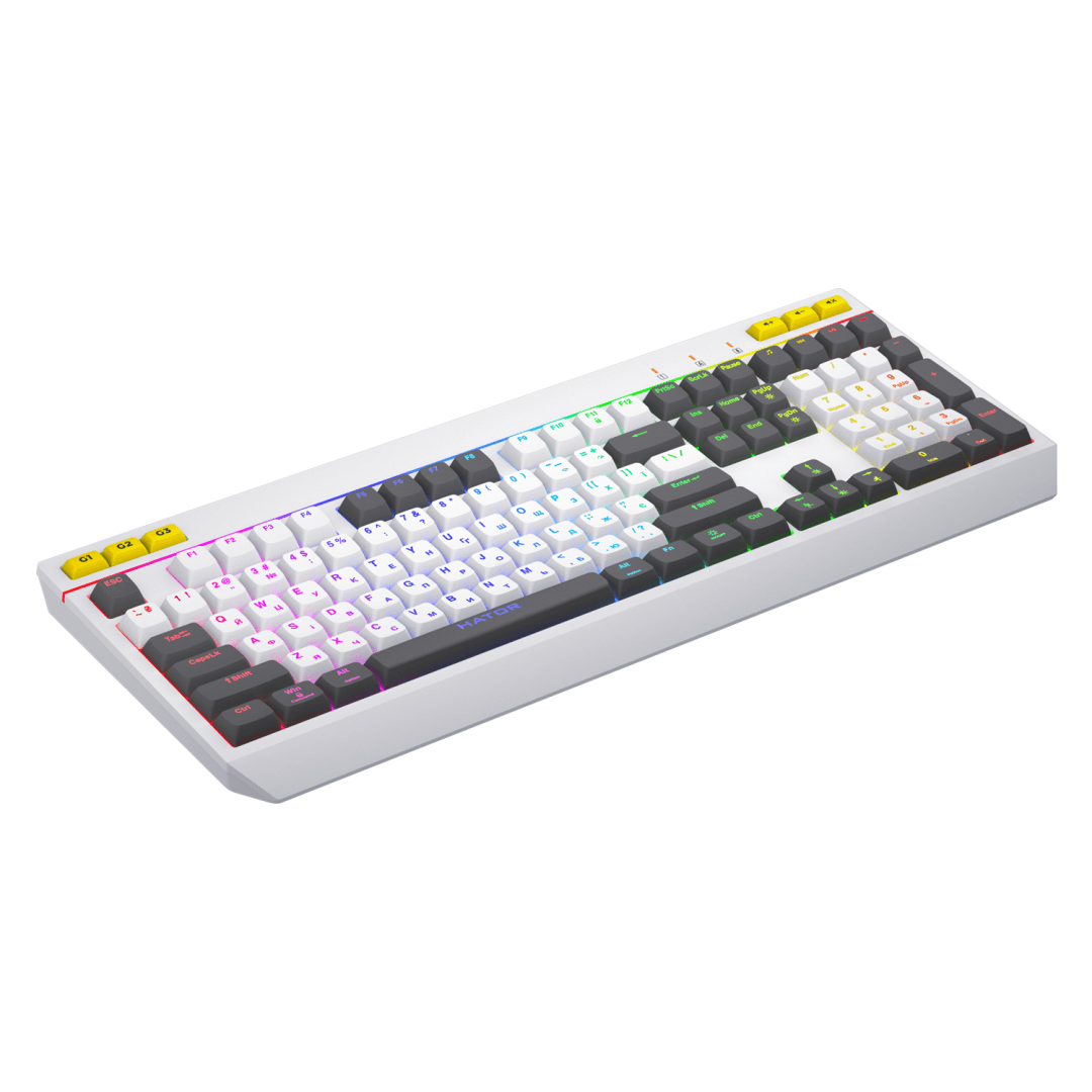 Tastatura membrana cu fir Hator Icefall, conectivitate USB, polling rate 1000Hz, iluminare RGB pentru 8 zone diferite, tip switch membrana, material taste ABS cu gravare laser si acoperire UV, alb