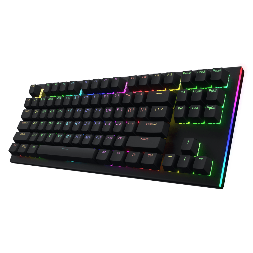 Tastatura mecanica cu fir Hator Gravity X TKL conectivitate USB, polling rate 1000Hz, iluminare RGB cu functia de a customiza fiecare tasta individual, tip switch HATOR Aurum Orange Linear rev.2.0, durata de viata switch 70M de clickuri, material taste ABS, profil  OEM, negru