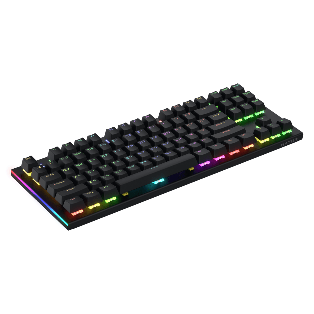 Tastatura mecanica cu fir Hator Gravity X TKL conectivitate USB, polling rate 1000Hz, iluminare RGB cu functia de a customiza fiecare tasta individual, tip switch HATOR Aurum Orange Linear rev.2.0, durata de viata switch 70M de clickuri, material taste ABS, profil  OEM, negru