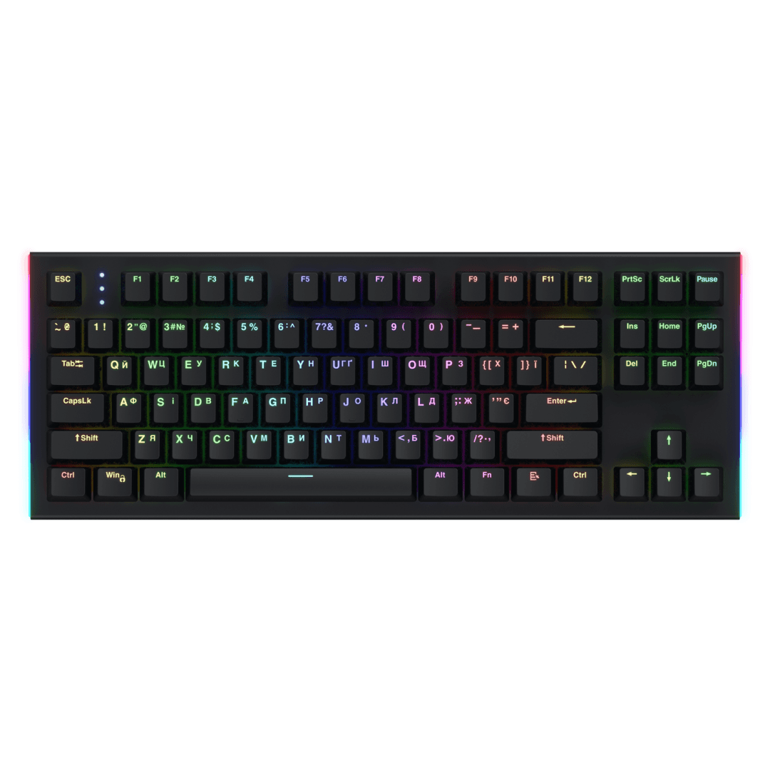 Tastatura mecanica cu fir Hator Gravity X TKL conectivitate USB, polling rate 1000Hz, iluminare RGB cu functia de a customiza fiecare tasta individual, tip switch HATOR Aurum Orange Linear rev.2.0, durata de viata switch 70M de clickuri, material taste ABS, profil  OEM, negru
