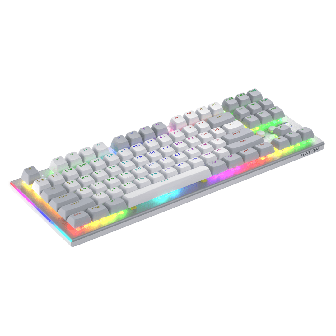 Tastatura mecanica cu fir Hator Gravity TKL conectivitate USB, polling rate 1000Hz, iluminare RGB cu functia de a customiza fiecare tasta individual, tip switch HATOR Aurum Orange Linear rev.2.0, durata de viata switch 70M de clickuri, material taste ABS, profil  OMA, functii aditionale: sistem de