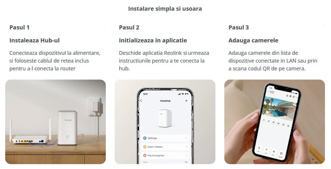 Reolink Hub 1: manageriaza pana la 8 camere, compatibil cu toate camerele Reolink WI-FI/PoE, Aimentare: DC 12V/1A, Interfata retea: 1 X RJ45 10/100 Mbps Slot card de memorie: 2 x microSD pana la 512GB, 1 x microSD de 128GB inclus Wireless Standard: IEEE 802.11 a/b/g/n/ac/ax (Wi-Fi 6), frecventa de