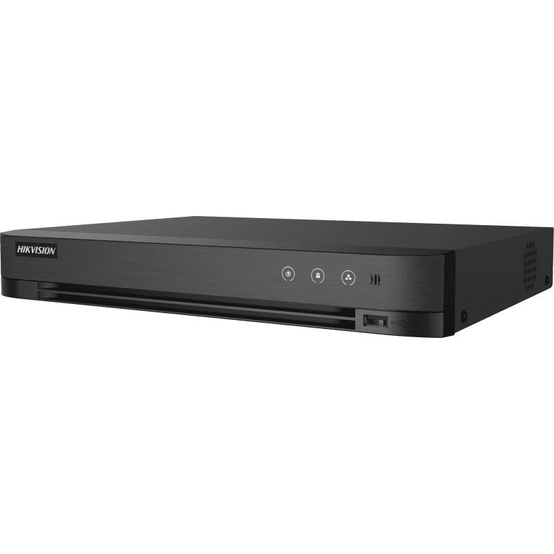 DVR Hikvision 8 canale IDS-7208HQHI-M1/XT, TURBO HD, H.265 Pro+/H.265 Pro/H.265/H.264+/H.264 video compression, BNC interface (1.0 Vp-p, 75 Ω), up  to 12-ch IP camera inputs, Encoding ability up to 3K/5M Lite @ 12 fps, 1 x SATA, dimensiuni: 319 × 236 × 48 mm, greutate: 1.78kg.