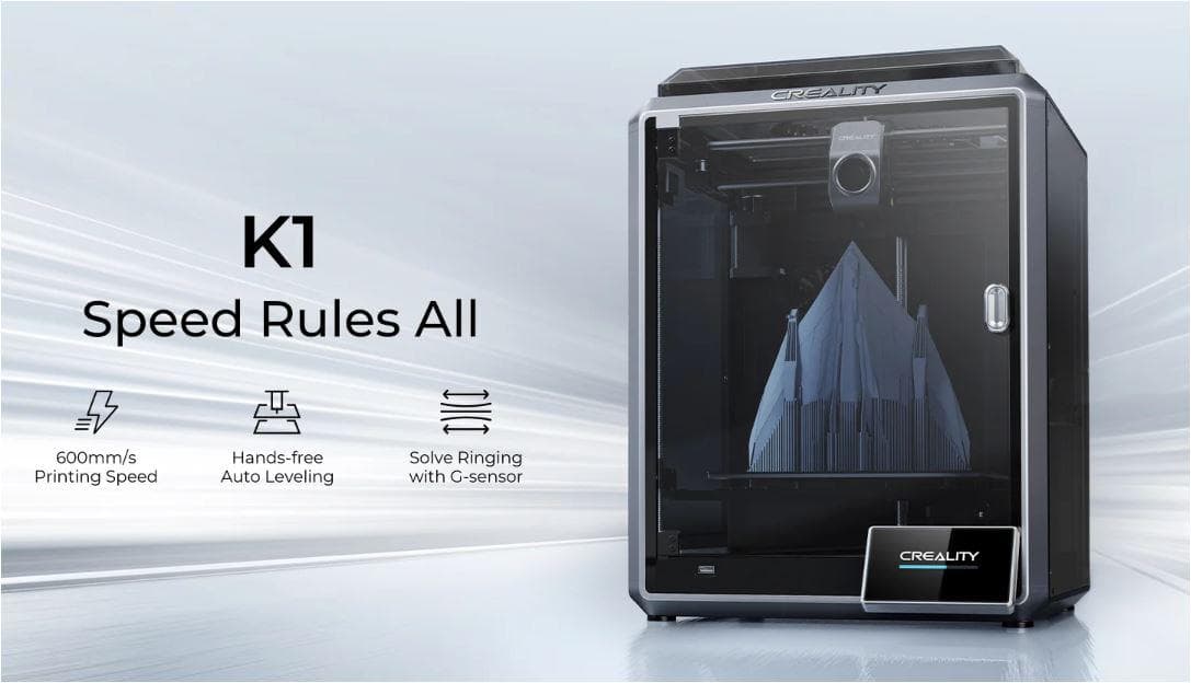 Imprimanta 3D Creality K1, Tehnologie FDM, viteza printare 600mm/s, Precizie 100 +/-0.1mm, Diametru filament: 1.75mm, tip filament compatibil: ABS/PLA/PETG/PET/TPU/PA/ABS/ASA/PC/PLA-CF/PA-CF/PET-CF, Transfer fisier: USB drive,WIFI temperatura duza:300 C, Format: STL/OBJ/AMF,Software: Creality Print