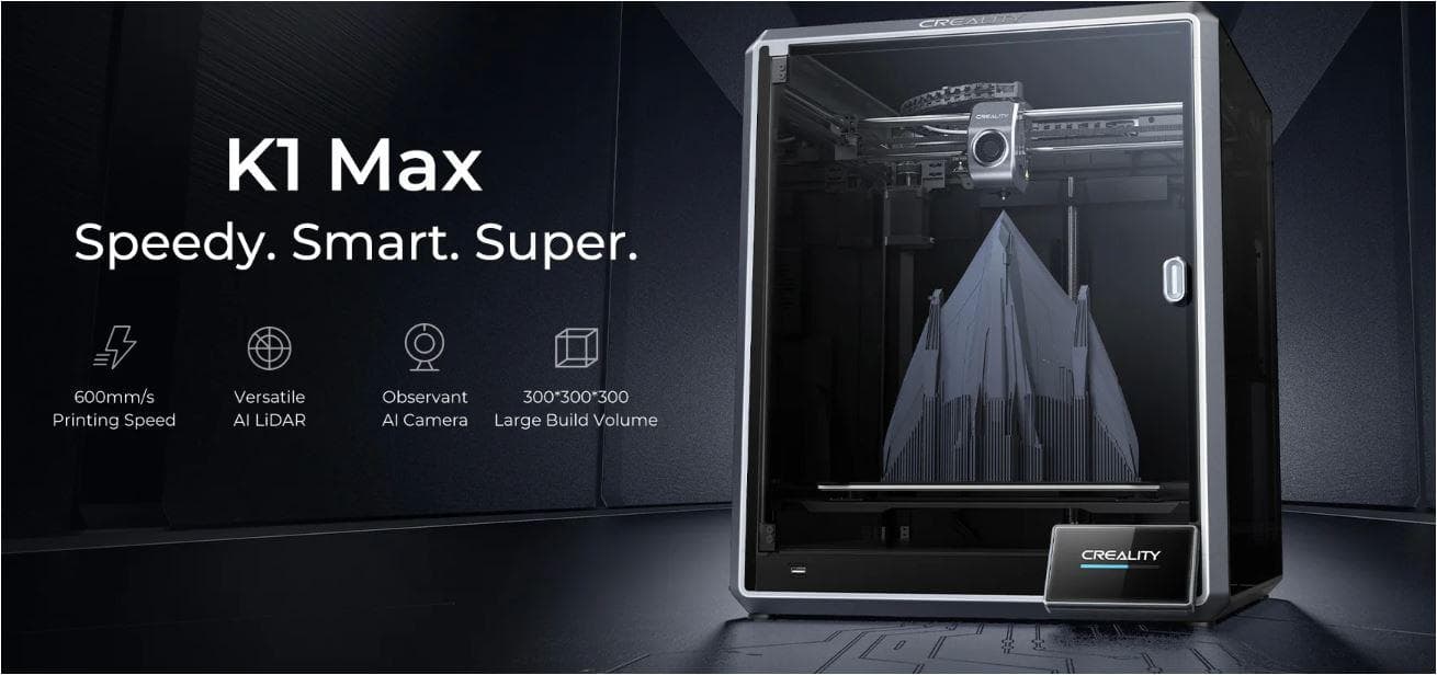 Imprimanta 3D Creality K1 MAX, Tehnologie FDM, viteza printare 600mm/s, Precizie 100 +/-0.1mm, Diametru filament: 1.75mm, tip filament compatibil: ABS/PLA/PETG/PET/TPU/PA/ABS/ASA/PC/PLA-CF/PA-CF/PET-CF, Transfer fisier: USB drive,WIFI temperatura duza:300 C, Format fisier: G-code,Software: Creality