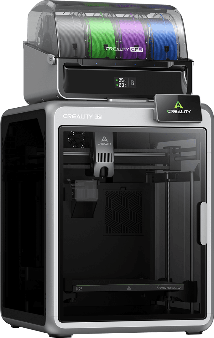 CREALITY K2 COMBO FDM 3D PRINTER, include un sistem CFS multi-color, suporta pana la 4 sisteme CFS - 16 culori, Tehnologie: FDM, Volum printare: 260 × 260 × 260 mm, 18.3 kg, Viteza printare / accelerare: 600 mm/s, 20000 mm/s², Temperatura duza: 300 °C, Motoare Step-Servo, Temperatura platforma