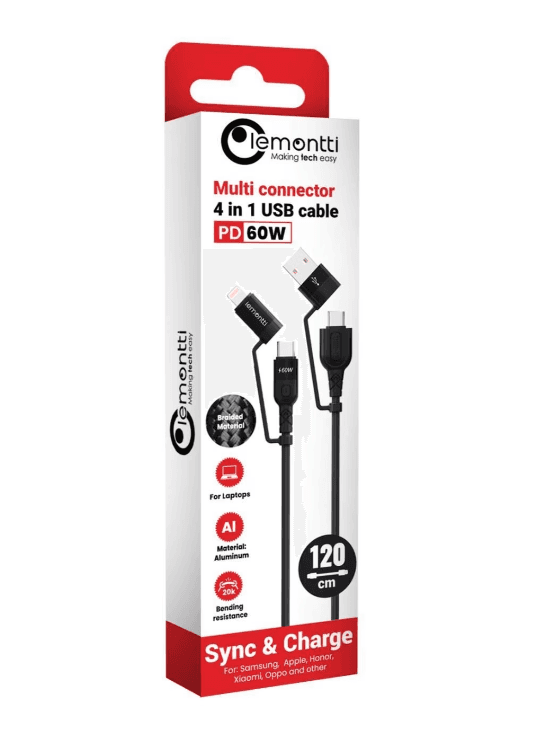 Cablu Audio Lemontti USB A&C-USB-C, material: Aliaj aluminiu, Nailon impletit, lungime 1,2m, - iesire USB-A la USB-C: 5V/2A Max 10W,  iesire USB-A la Lightning: 5V/2.4A, iesire USB-C la Lightning: 5V/3A 9V/2A 12V/1.5A 15V/2A 30W Max, iesire USB-C la USB-C: 20V/3A 60W MAX", incarcare si transfer