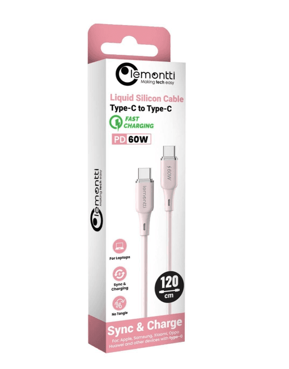 Cablu Lemontti Liquid SiliconType-C la Type-C, Fast Charge, PD 60W, lungime 1.2m, Roz