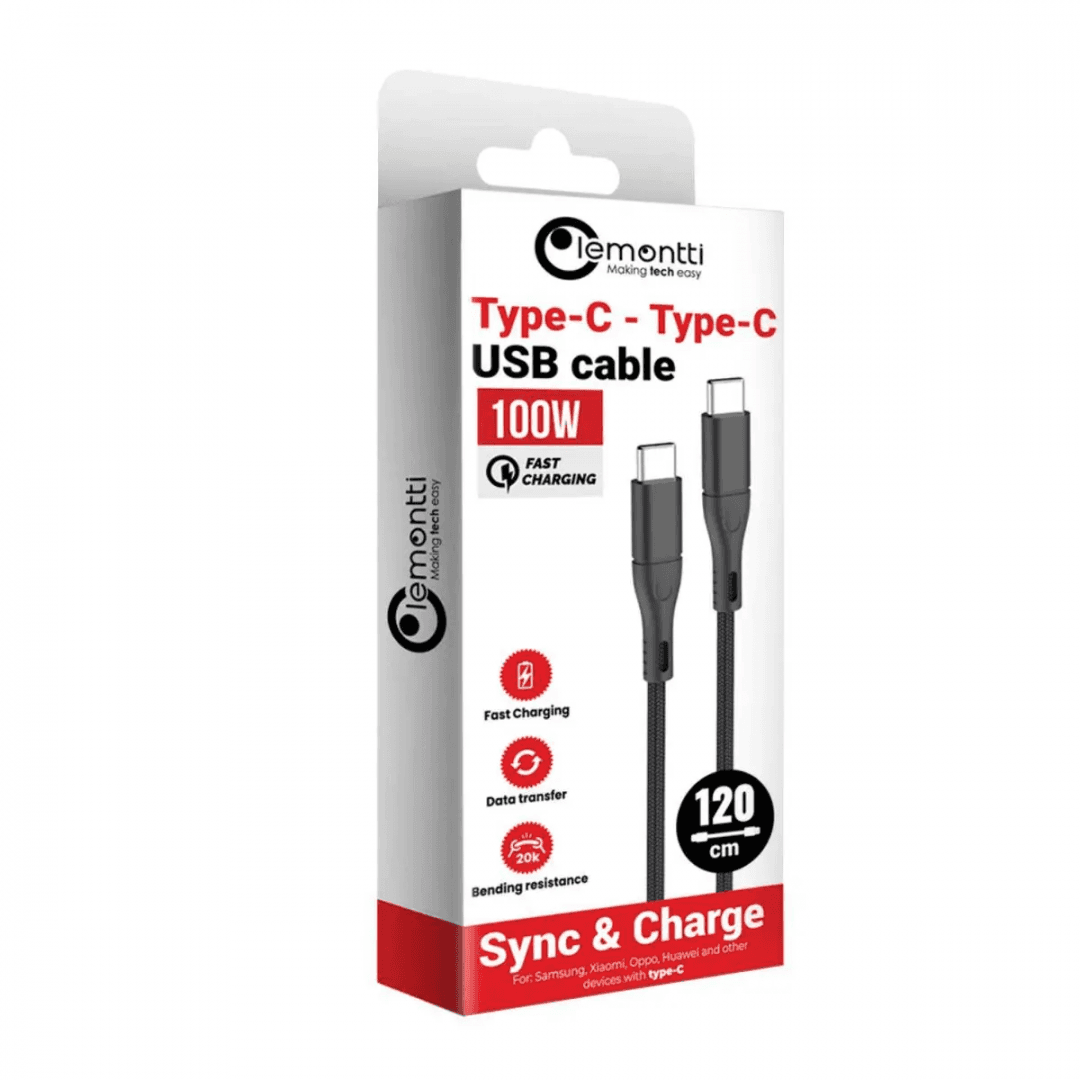 Cablu Lemontti Super Fast Charge Type-C la Type-C, PD 100W, putere: 100W：5V/3A、9V/3A、12V/3A、15V/3A、20V/5A, lungime 1.2m, cablu